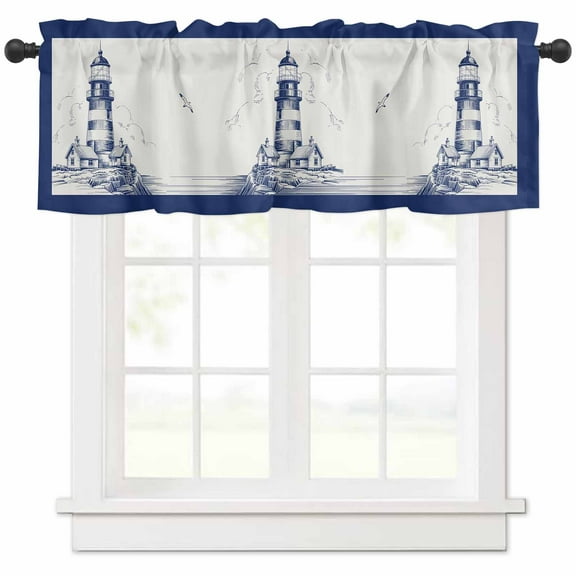 Lighthouse Valances for Windows Farmhouse Kitchen Curtains Valances Rod Pocket Valance Curtains for Kitchen Windows Ocean Seagull Vintage Navy Blue Coastal Boat Window Valances for Bathroom 42"x18"