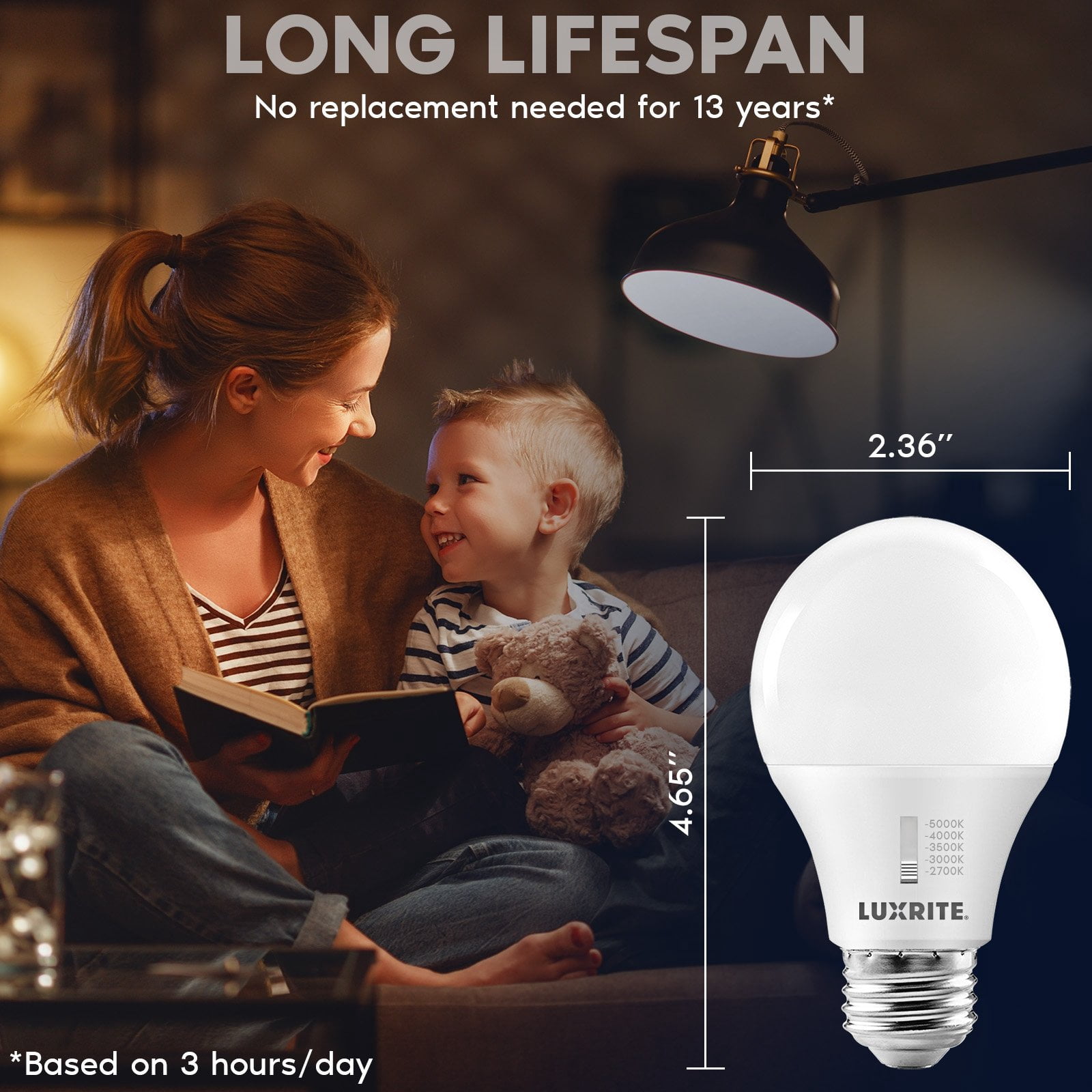 Luxrite A19 LED Light Bulb 60 Watt Equivalent CRI90 5CCT Dimmable 800LM 9W E26 Base ETL 6 Pack