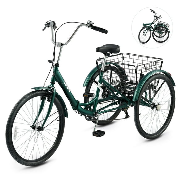 26 Inch Folding Adult Tricycle 7 Speed Trike with Removable Basket Green