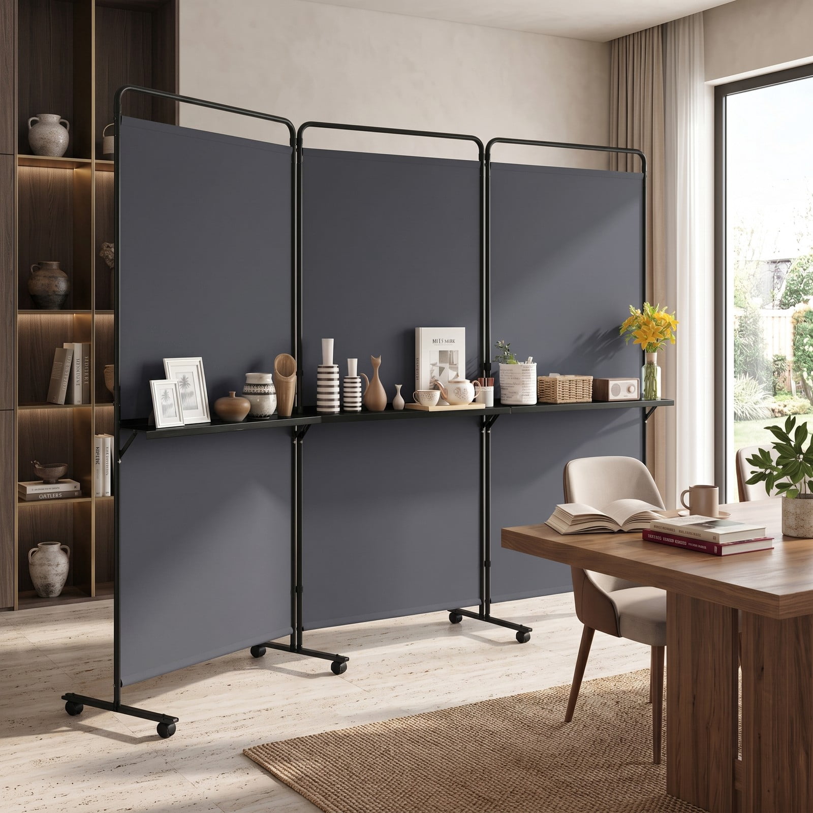 ALPULON 3-Panel Room Divider with 3 Shelves, 6 FT Tall Folding Privacy Screen Freestanding Partition with Lockable Wheels for Living Room Bedroom Office, Gray