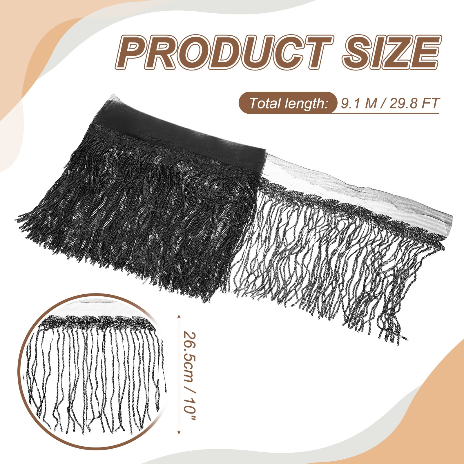 Uxcell 10 Yards 10 Inch Shiny Sequined Tinsel Fringe Trim, Sparkling Spangle Curtain Fringe Paillette Lace Fabric Streamer for DIY Latin Dance Costume Clothing Birthday, Black