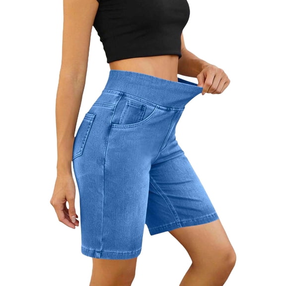 MaFYtyTPR Women's Denim Shorts High Waisted Pull On Stretch Bermuda Shorts with Pockets For Summer Casual Wear A-Sky Blue L