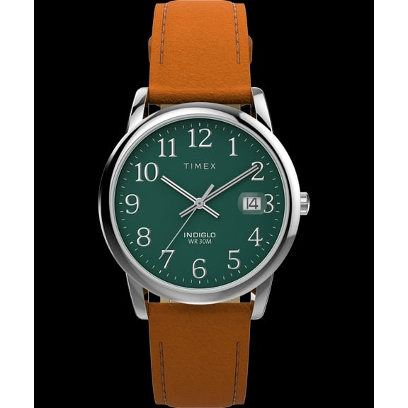 Timex Men's Easy Reader 35mm Watch - Brown Strap Green Dial Silver-Tone Case