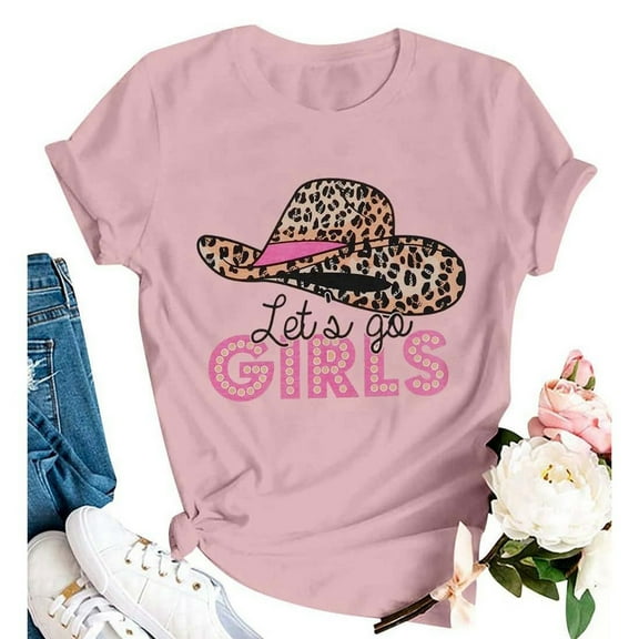 Cowgirl Shirt Western T-Shirts for Women Let's Go Girls Short Sleeve Crewneck Tees Bachelorette Party Country Graphic Tops