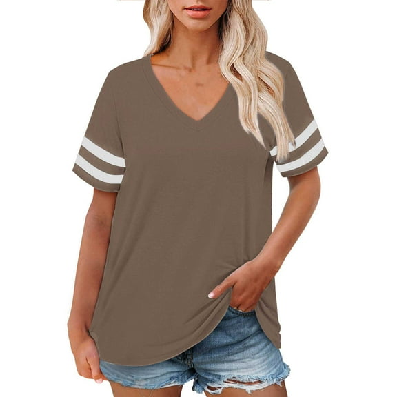 Delayuji Plus Size V Neck T Shirts Women Short Sleeve Tops Casual Summer Tshirts Loose Fit Tee Brown L Polyester,Spandex Short Sleeve Shirts for Women
