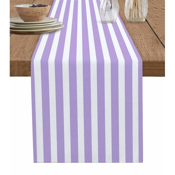 Purple Striped Table Runner Modern Farmhouse Purple White Stripes Tablerunners 13 x 108 Inch, Table Decorations Tabletop Scarf for Summer Gathering Holiday Farmhouse Kitchen Dining Decor