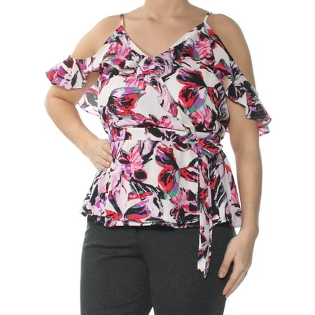 - BAR III Womens Pink Cold Shoulder Surplice Printed V Neck Top Size: L