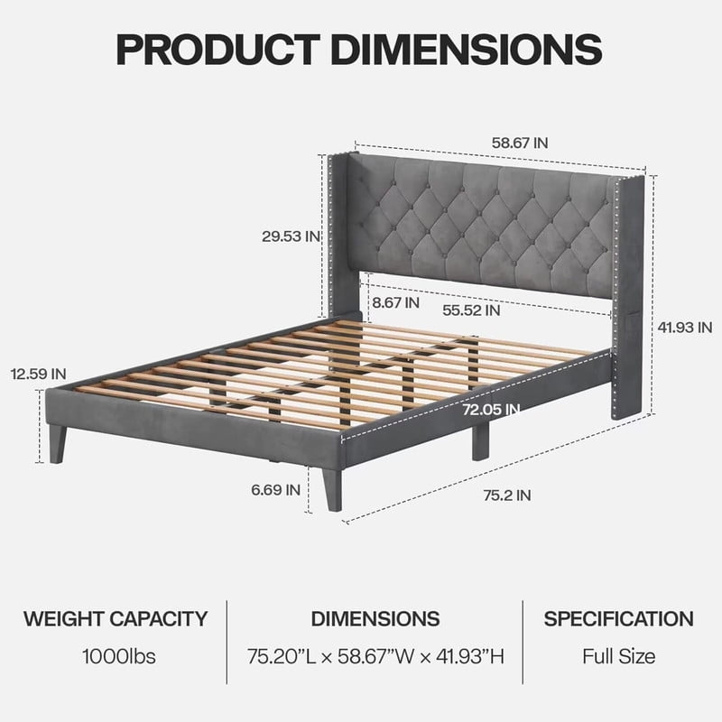 Full Size Upholstered Platform Bed Frame with Wingback Headboard, Diamond Tufting, and LED Lights - Wood Slat Support, No Box Spring Needed, Easy Assembly, Noise-Free, Grey