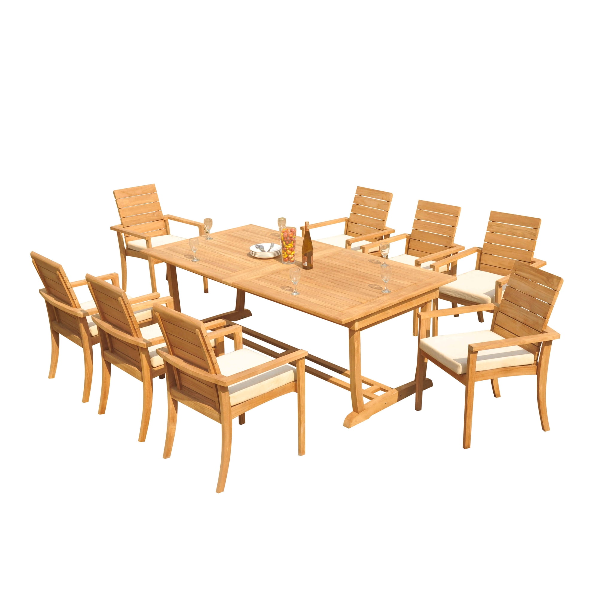 9-Piece Teak Dining Set: 117 Rectangle Extendable Table + 8 Algrave Stacking Arm Chairs