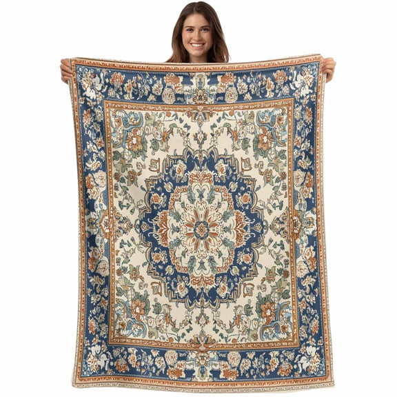 Boho Southwestern Blanket Soft Cozy Warm Throw Blanket for Couch, Plush Fuzzy Flannel Fleece Blankets for Sofa, Heritage Antique Country Blue Bed Blankets Lightweight Gifts for Women, 40"x60"