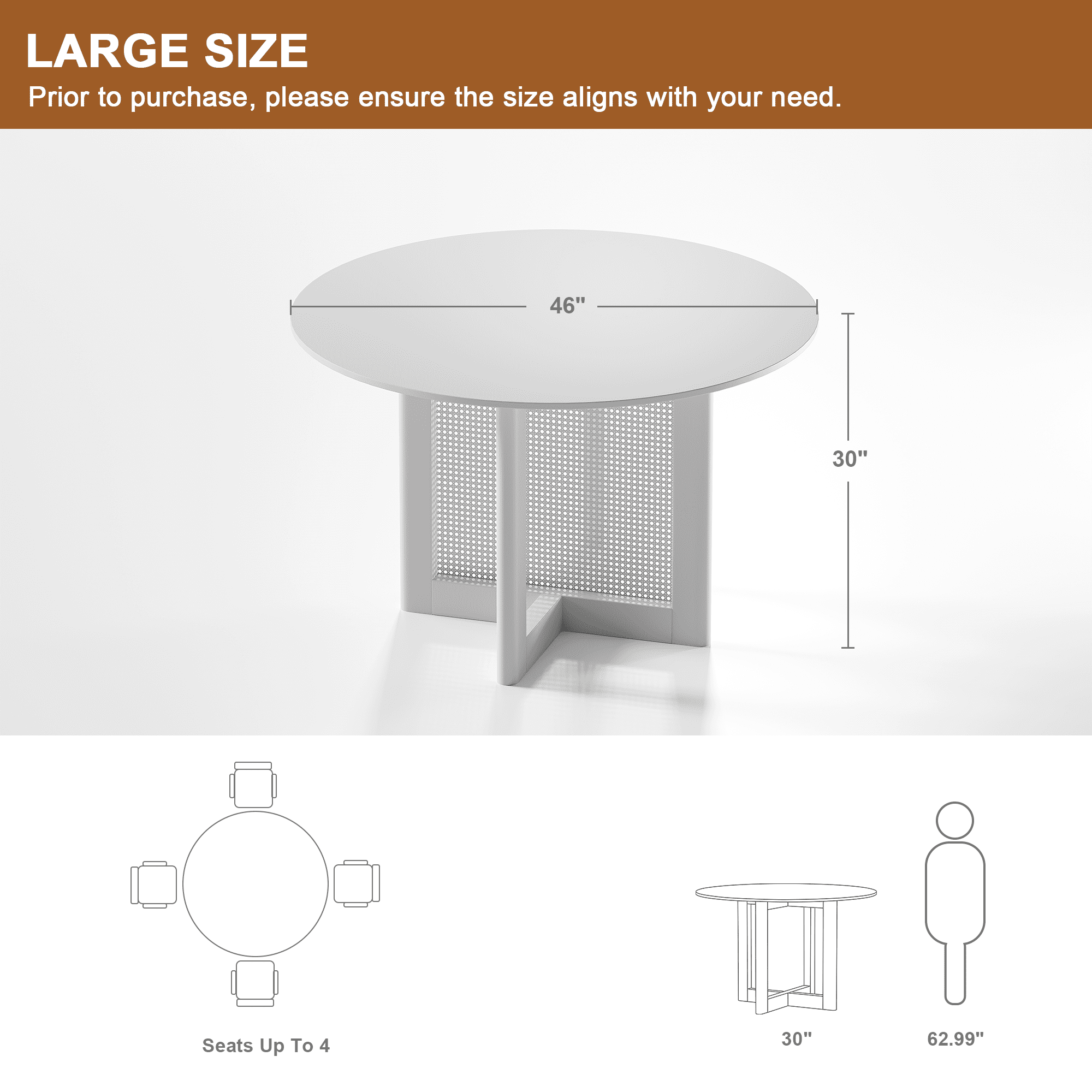 MAYEERTY Wood Round Dining Table, Mid-Century Modern Dining Table for Small Spaces with Rattan Legs, 46"x46"x30", Black