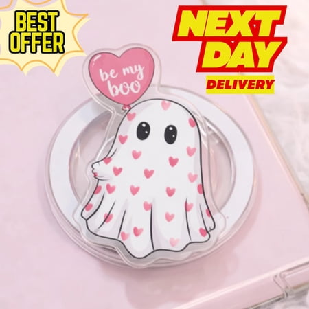 Be My Boo Ghost Magnetic Phone Grip – Cute Ghost with Heart Balloon Grip, Kawaii Phone Stand for Lovers