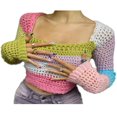 thumbnail image 1 of Women Crochet Knit Crop Tops  Summer Long Sleeve Color Block Hollow Out Loose Fit T-Shirts, 1 of 6