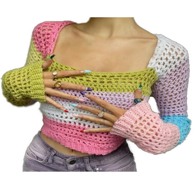 Women Crochet Knit Crop Tops Summer Long Sleeve Color Block Hollow Out Loose Fit T-Shirts