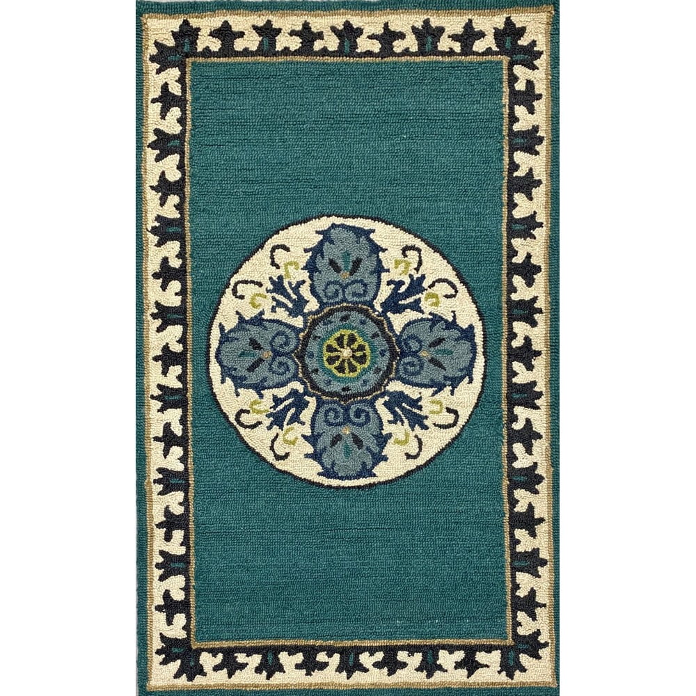 LR Home Hand Hooked 3 ft. x 5 ft. Teal and Cream Floral Bordered Medallion Wool Area Rug