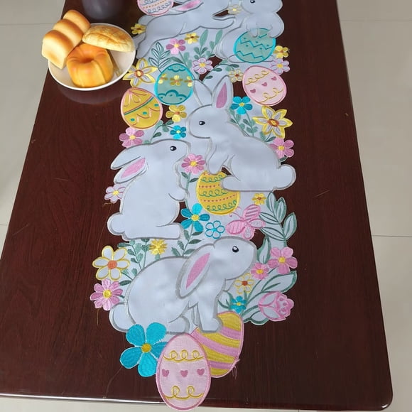 XL Easter Table Runner Decoration, Embroidered Bunny Eggs Tablecloth With Hollow Design And Novel Pattern For Dining Table, Party And Home Decor