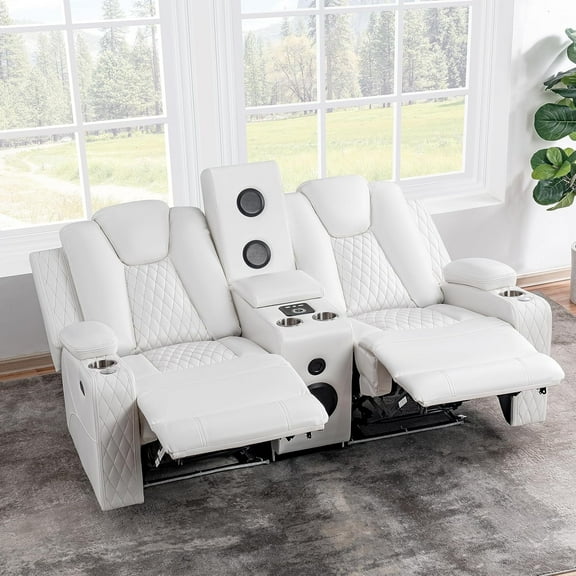 Home Theater Seating, Gaming Chairs for Adults, Wireless Charging Movie Theater Chairs, Power Recline Loveseat with 6 Cup holders and Tray, Powerful in-Built Speaker, USB Ports, Air Leather – White