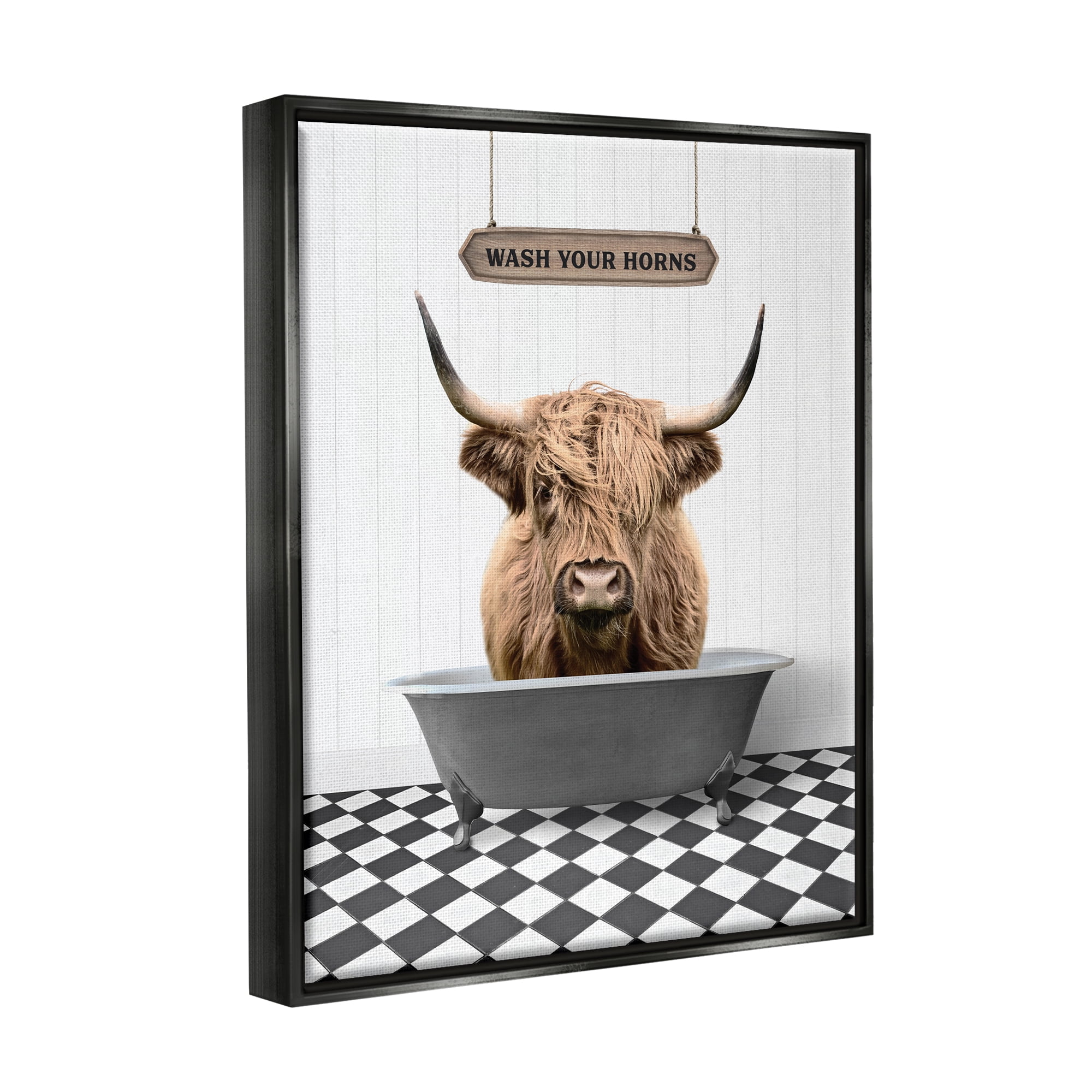 Stupell Industries Wash Your Horns Bathroom Animals & Insects Painting Black Floater Framed Art Print Wall Art, 25 x 31