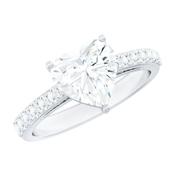 Rosec Jewels Lab Created Diamond Heart Engagement Ring with Side Stones (2 Ct, 8 mm, Ef-Vs Quality), 925 Sterling Silver, US 4.00