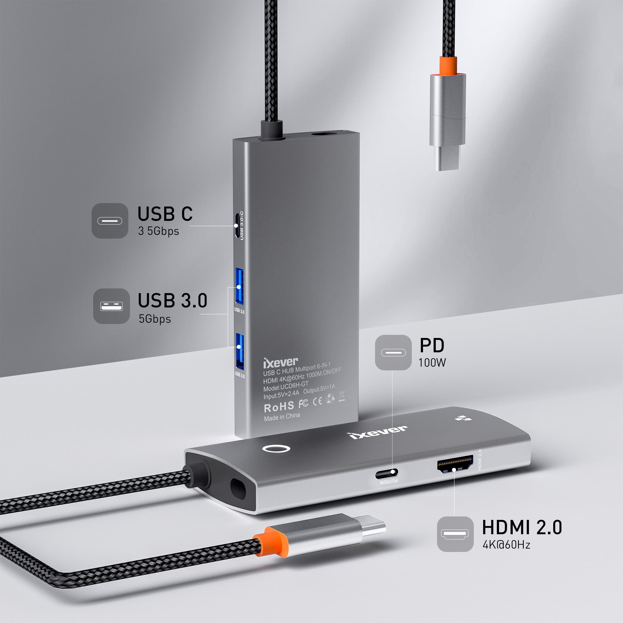 iXever USB Type C HUB Combo Docking Station: HDMI 4K@60Hz, Gigabit Ethernet 1000Mbps RJ45, USB Type C, 2x USB 3.0 5Gbps, PD Charging Port 100W