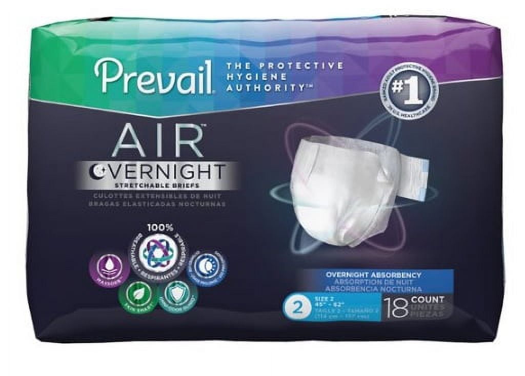 Prevail AIR Overnight Incontinence Briefs, Disposable, Overnight Absorbency, Size 2 (45-62 Inch), 18 Count Bag