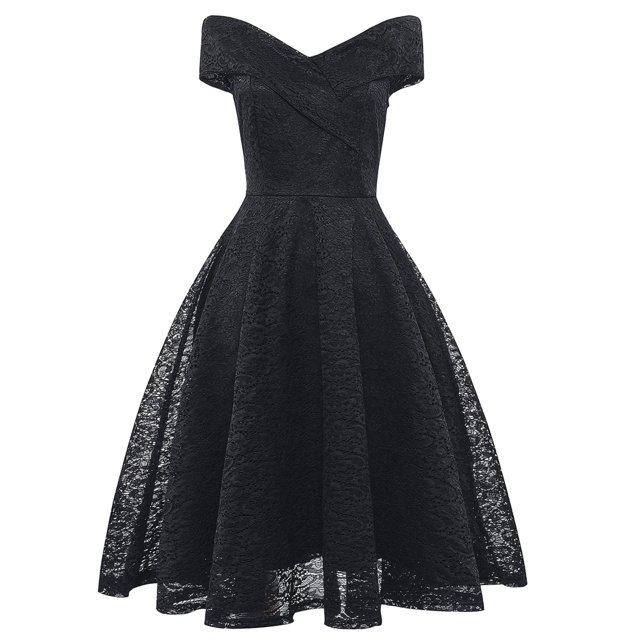 SAYOO Vestido largo con hombros descubiertos para mujer, cuello en V, manga corta, color sólido, vestido de encaje, vestido de noche SAYOO Moda