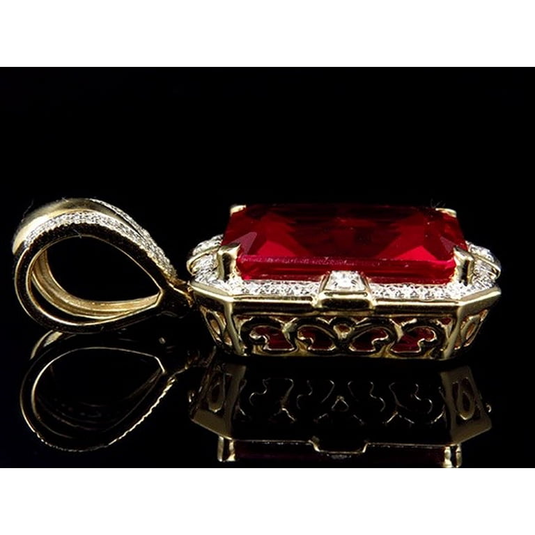 Men's 10K Yellow Gold Royal Created Ruby Gemstone Center Diamond