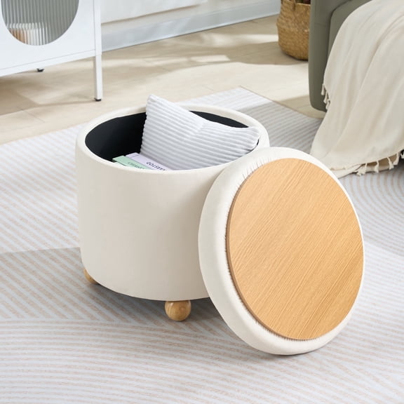CoVibrant Round Velvet Modern Storage Ottoman with Reversible Tray Lid, Wooden Legs, 1-Pack, 17.72 in