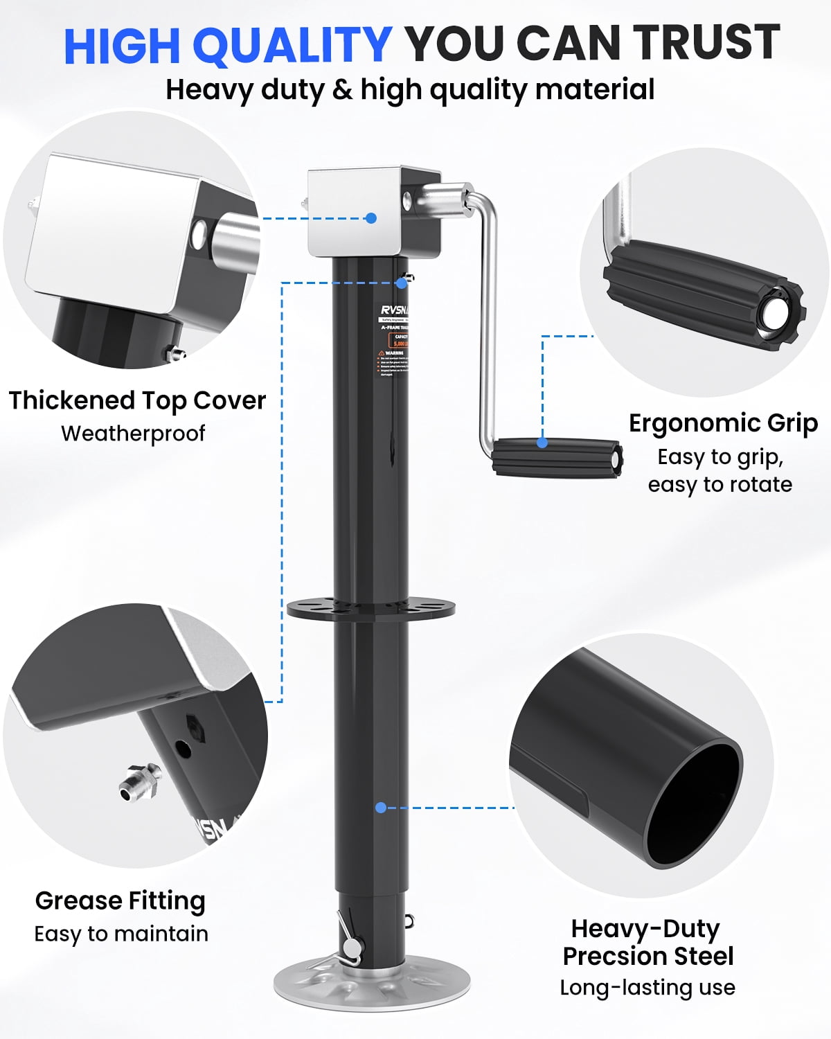 5000 lbs Heavy Duty Trailer Jack, 23" Lift, 20-24V Cordless Drill Compatible, for RV, Boat, Yacht & Utility Trailers, with Manual Crank Handle & Weatherproof Cover, Black