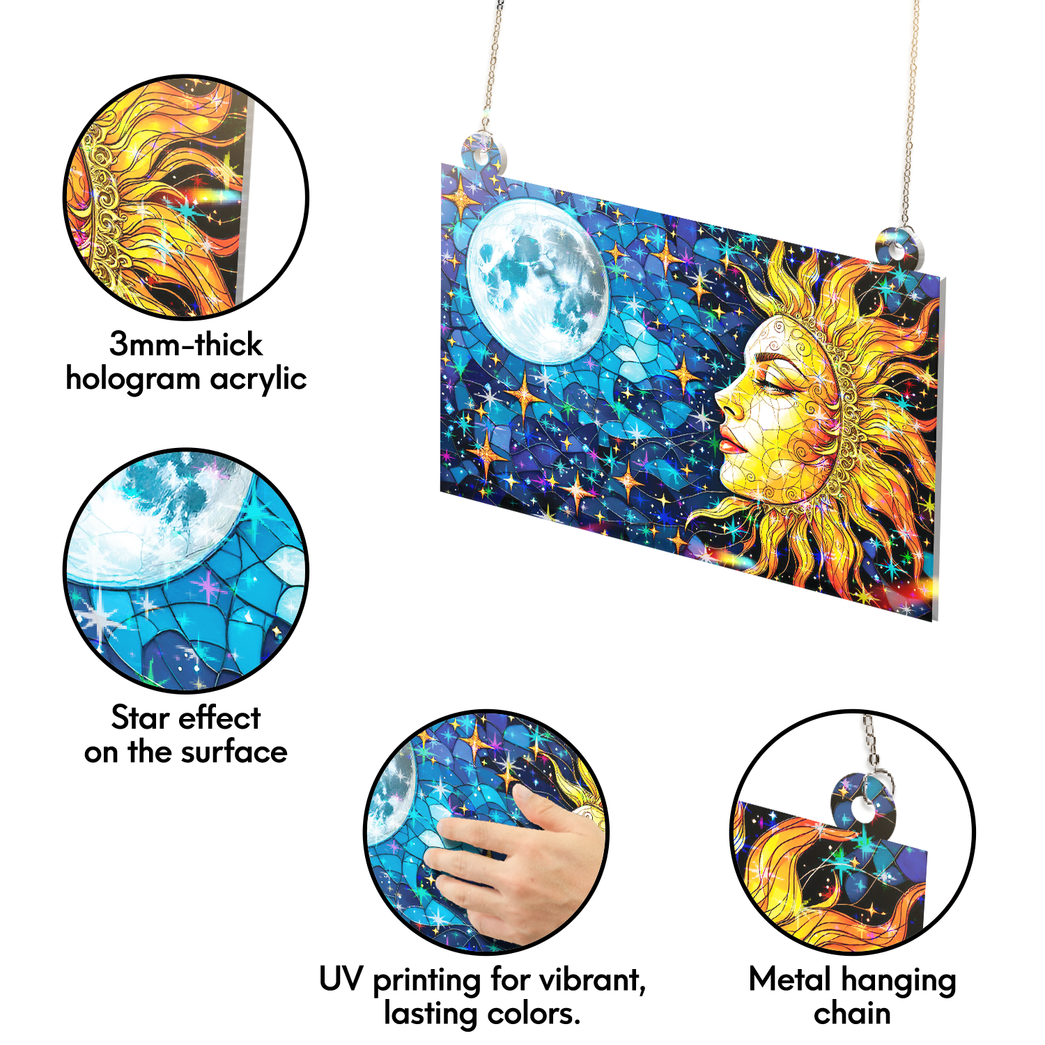 89Bloom Sun and Moon Stained Glass Hologram Ornament, Stained Glass Suncatcher Ornaments Home Decor, Holographic Ornaments