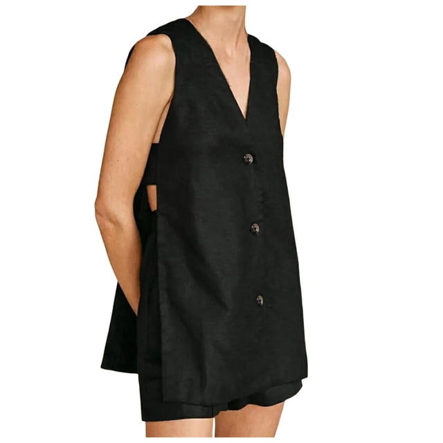 Conjunto de dos piezas de verano para mujer: top sin mangas de algodón puro y pantalones cortos, cintura elástica estampada - Poliéster - S-XXL