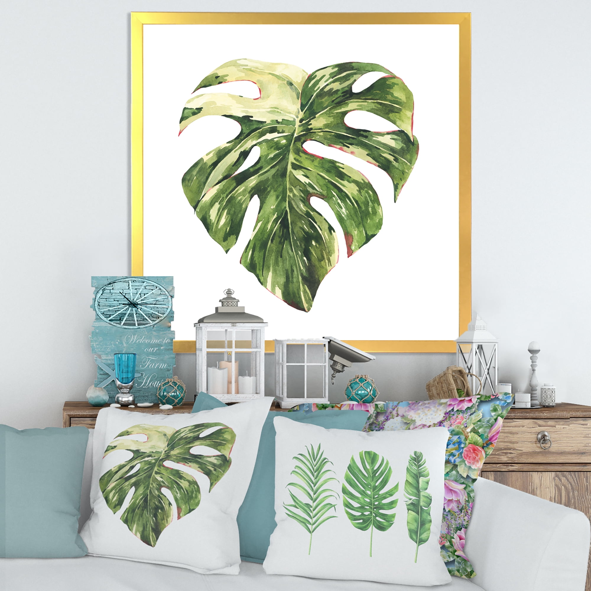 Designart 'Tropical Green Leaves On White In Summer Times III' Tropical Framed Art Print