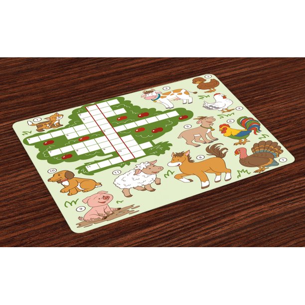 Word Search Puzzle Placemats Set of 4 Cartoon Style Farm Animals Cute Happy Country Life Theme