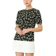 thumbnail image 6 of INSPIRE CHIC Women's Shirred Tops Crew Neck Short Sleeve Keyhole Back Floral Blouse XL Black, 6 of 9