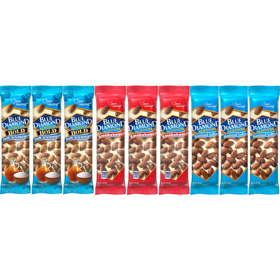Variety Pack Blue Diamond Almonds, Salt 'N Vinegar, Smokehouse, Roasted Salted, 1.5 Oz Each, 9-Pack – Savory Snack for On-the-Go, Healthy Protein-Rich Nut, Keto-Friendly, Gluten-Free