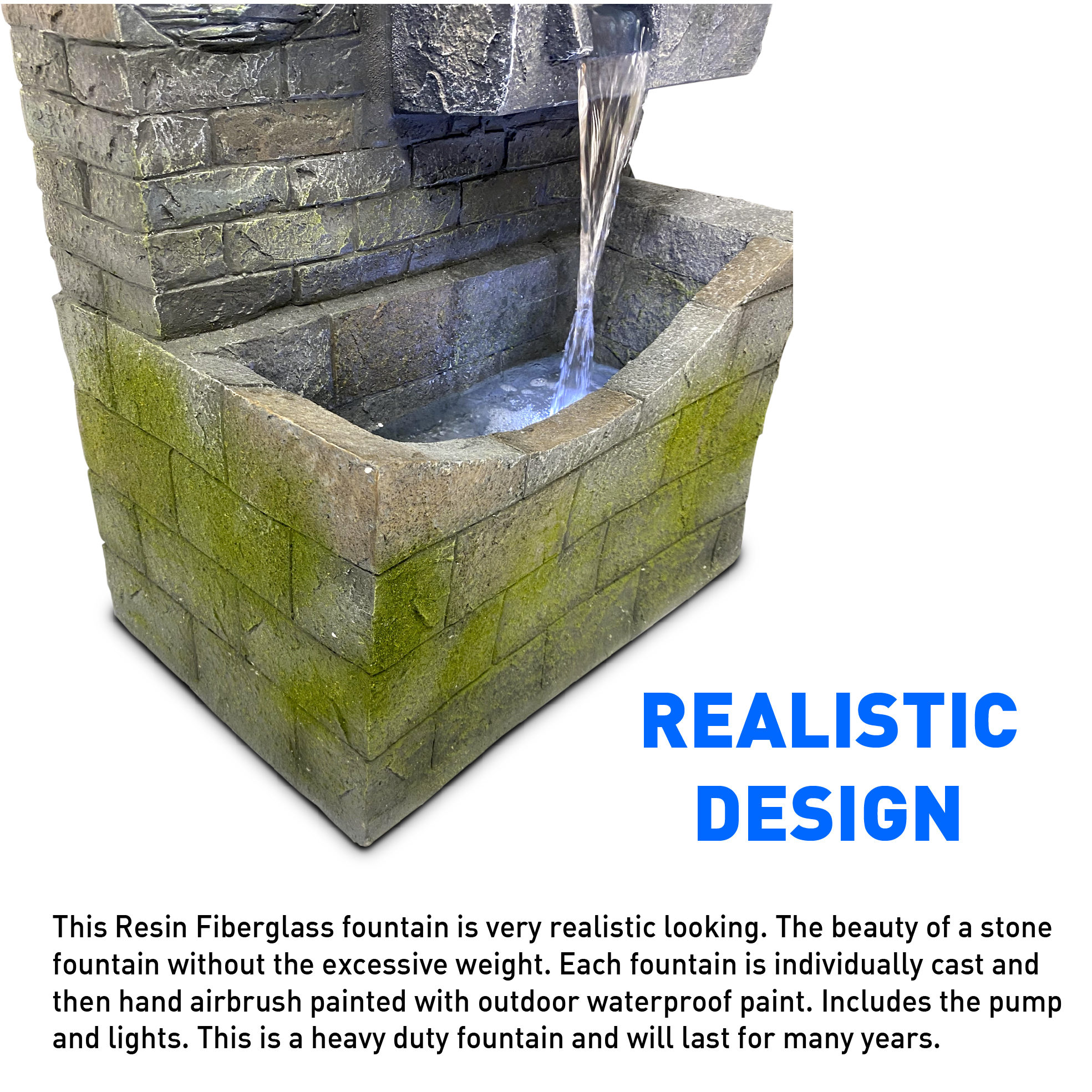 4 Tier Rock Water Fountain with LED Light Made from Fiberglass Resin - Outdoor Or Indoor, Large 40” Tall X 20” Wide, Grey