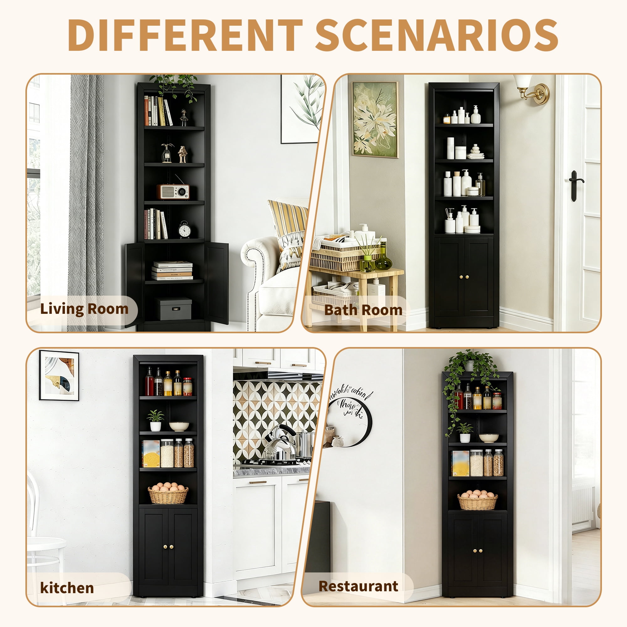 Leumius 71" Tall Corner Storage Cabinet with 2 Doors,Freestanding 5-Tier Metal Cabinet with Adjustable Shelves for Kitchen Living Room Bathroom,Black