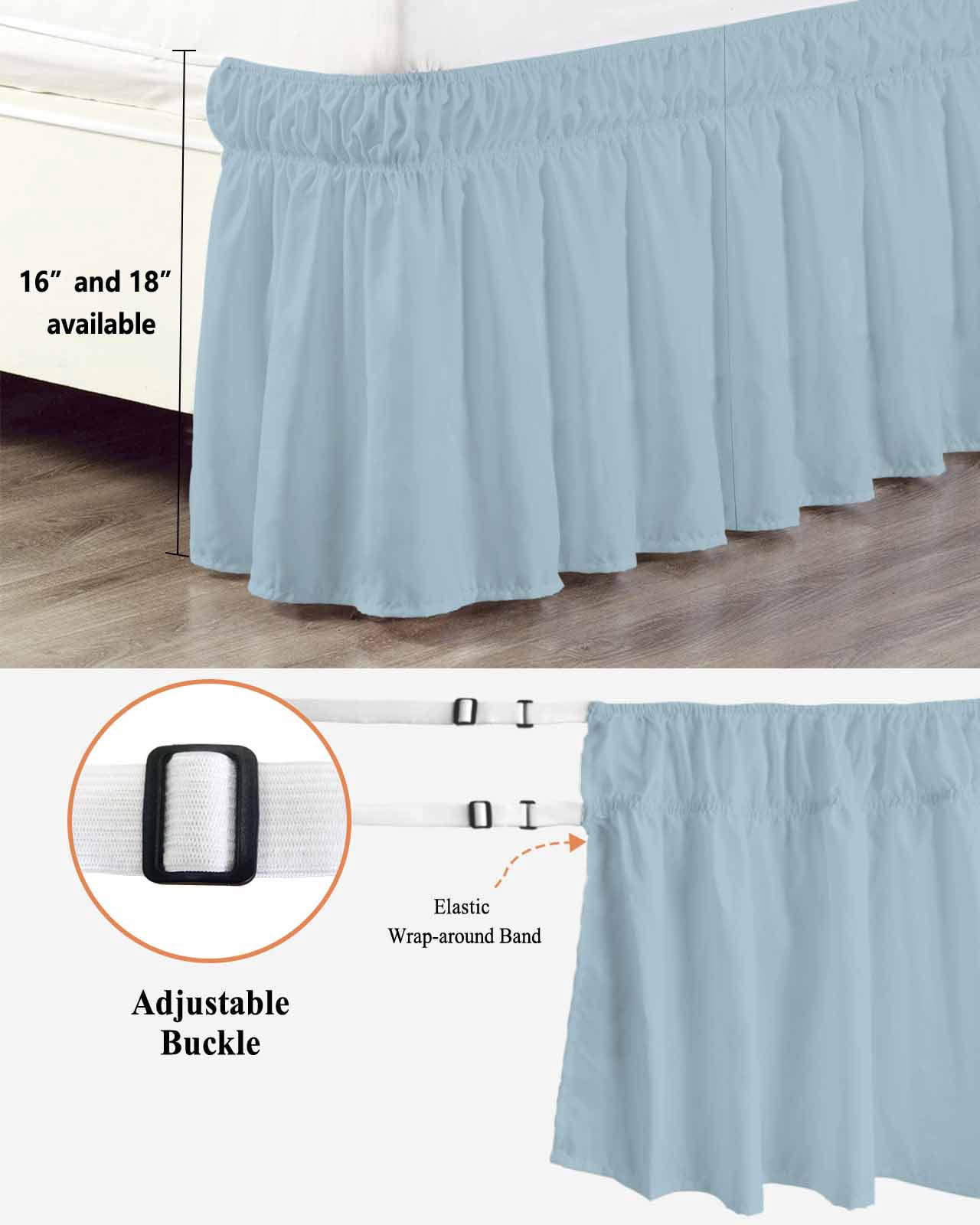 Sky Blue Bed Skirt Cal King Size, Modern Pure Winter Sky Blue Wrap Around Bed Skirting with Adjustable Elastic Strap, Dust Ruffled Pleated Bedskirts 18 Inch Drop for Bedroom Cal King Beds