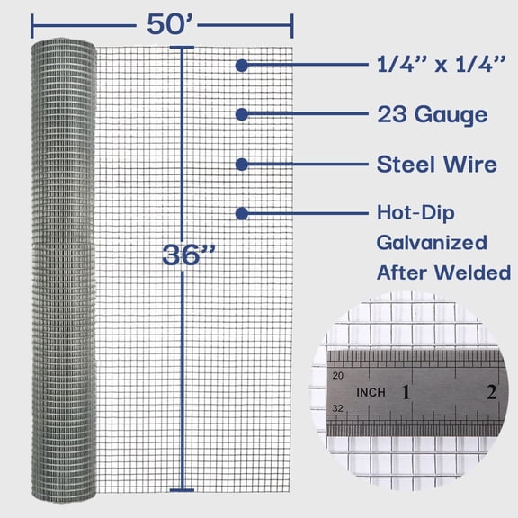 Hardware Cloth 1/4 in. x 3 ft. x 50 ft. 23-Gauge, Wire Mesh Roll, Chicken Wire Fencing, Wire Fence Roll, Gopher Mesh, Rodent Wire, Mesh & Wire Cloth, Chicken Coop Wire, Tree Fence