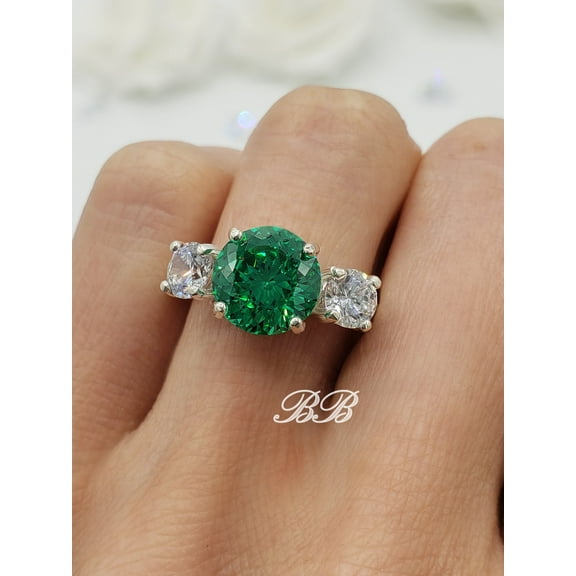 9MM Green Paraiba Portuguese Three Stone Ring, 5A Quality CZ, Sterling Silver,Jewelry Gift