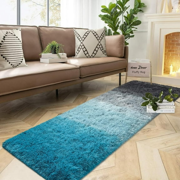 Luxury Shaggy Runner Rugs for Bedroom, 2x6 Feet Fluffy Runners Carpet for Girls Boys Kids, Non-Slip Extra Comfy Plush Bed Beside Rug for Living Room Nursery Home Decor, Black and Blue