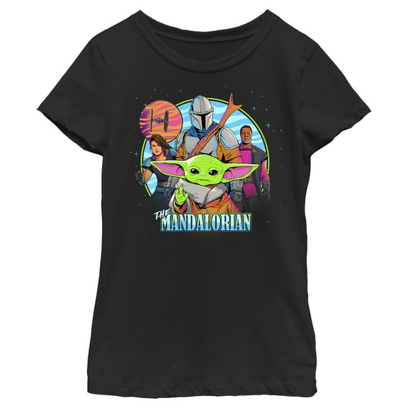 Girl's Star Wars: The Mandalorian Grogu Group Shot  Graphic Tee Black Small