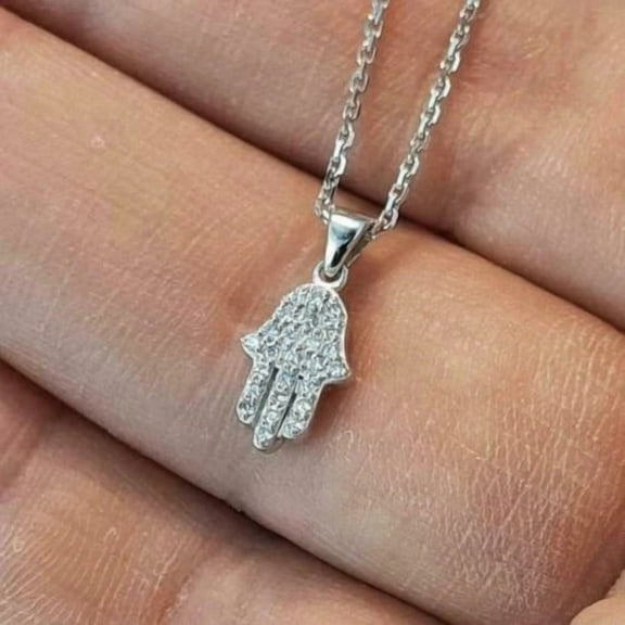 0.50Ct 14K White Gold Plated Small Hamsa Hand Lab Created Diamond Pendant Charm
