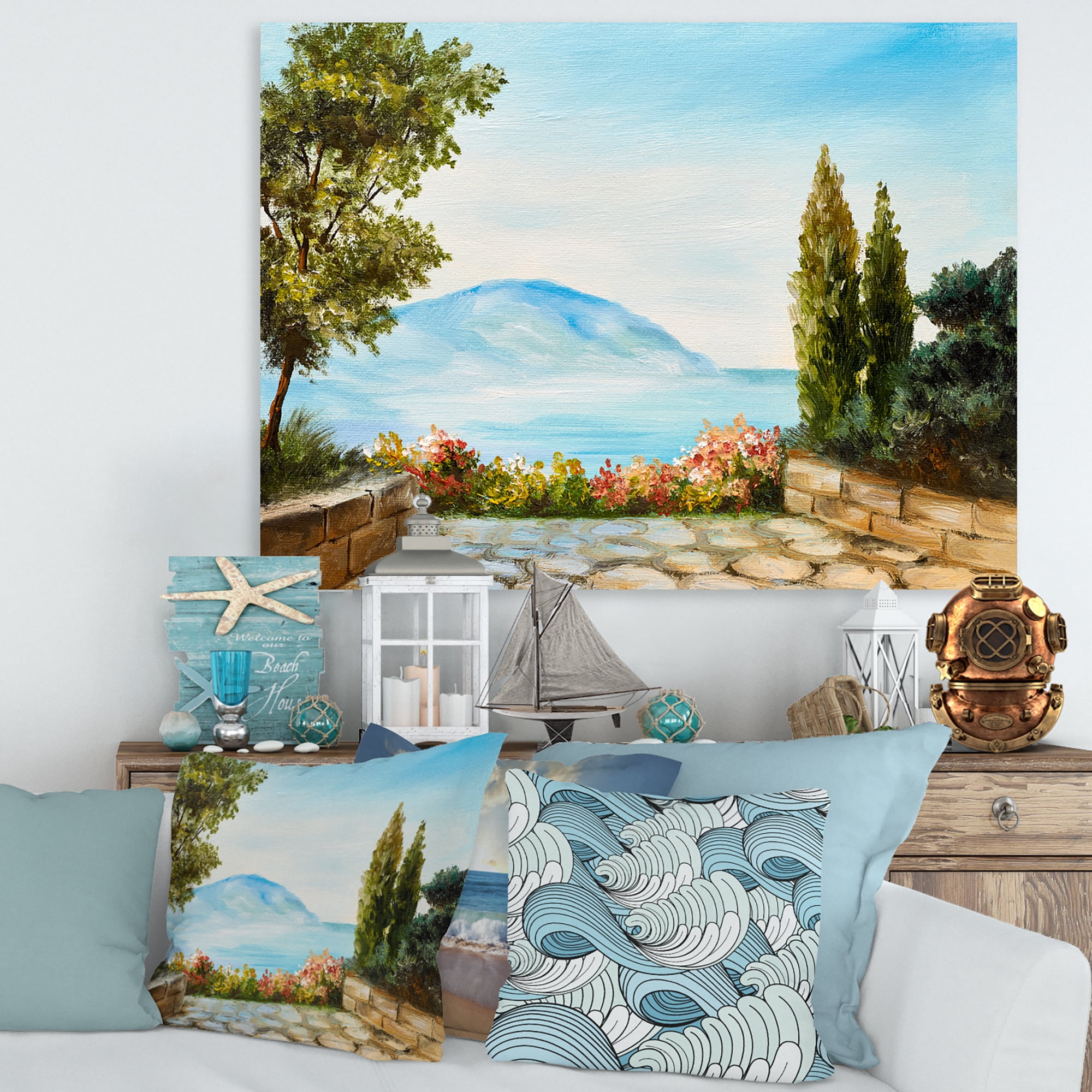 Designart ' Beautiful Mountains View By The Sea Side ' Nautical & Coastal Canvas Wall Art Print