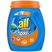 all OXI Mighty Pacs Laundry Detergent, 4 in 1 with OXI Whiteners and Stain Removers, One Tub, 60 Count