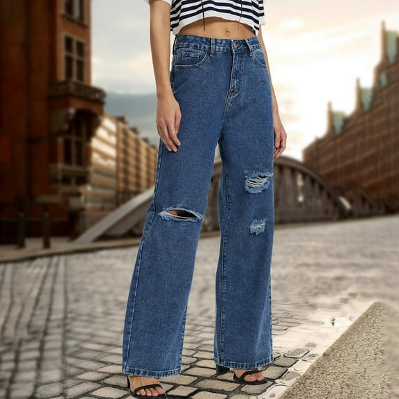 Byworldtasic Womens Jeans Women's High Waisted Frayed Ripped Wide Leg Baggy Jeans Fashion Loose Denim Trousers Blue