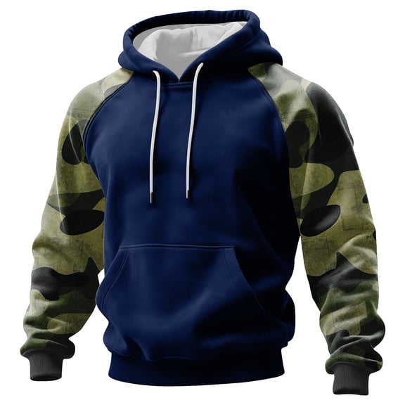 Men's Pullover Hoodie with Camouflage Print Raglan Sleeves and Adjustable Drawstring Hood Casual Fit Sweatshirt Top Dark Blue L