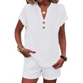 thumbnail image 3 of Women's Loose Fit 2 Piece Short Sets Short Sleeve Top with Wide Leg Bermuda Shorts Casual Beach Outfits White S, 3 of 4