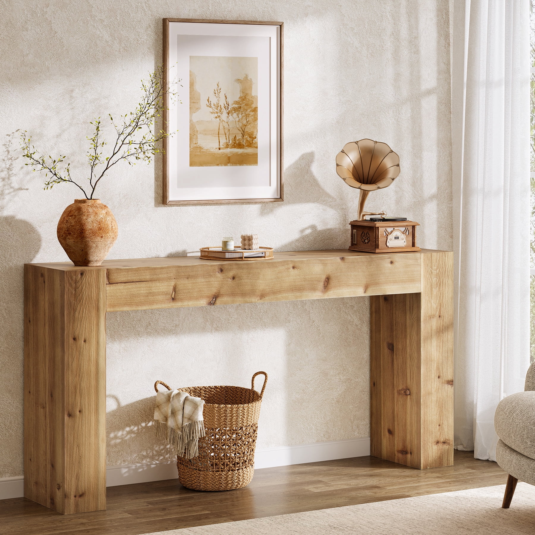 Tribesigns Solid Wood Console Table, 63-Inch Farmhouse Sofa Table Behind Couch for Entryway, Living Room, Foyer, Easy Assembly (Light Wood)