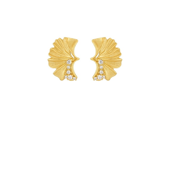 925 Sterling Silver Plated Gold Fashion Temperament Ginkgo Leaf Stud Earrings with Cubic Zirconia